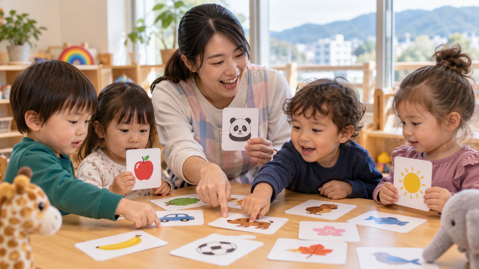 保育者と幼児が動物や果物の絵カードで学ぶ様子