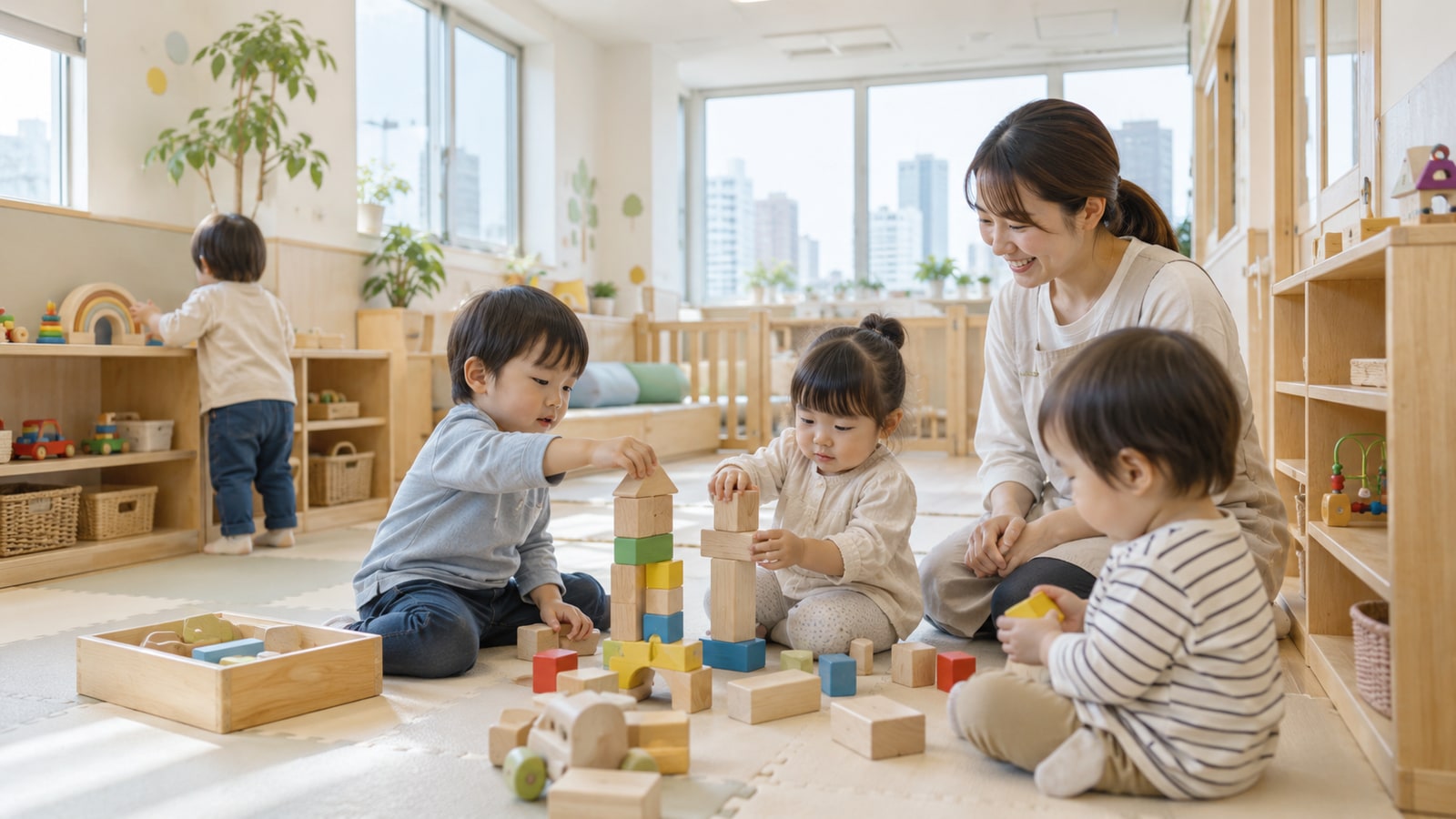 木の積み木を使って遊ぶ幼児と先生のイメージ