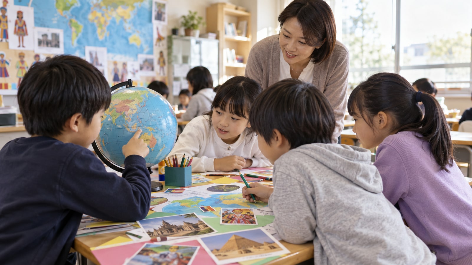 小学生が地球儀と地図を囲み協力して学ぶ教室