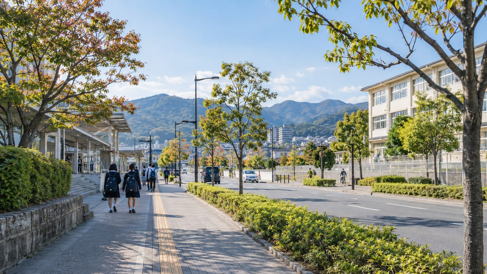 東広島市の学校周辺の歩道を歩く子どもたち
