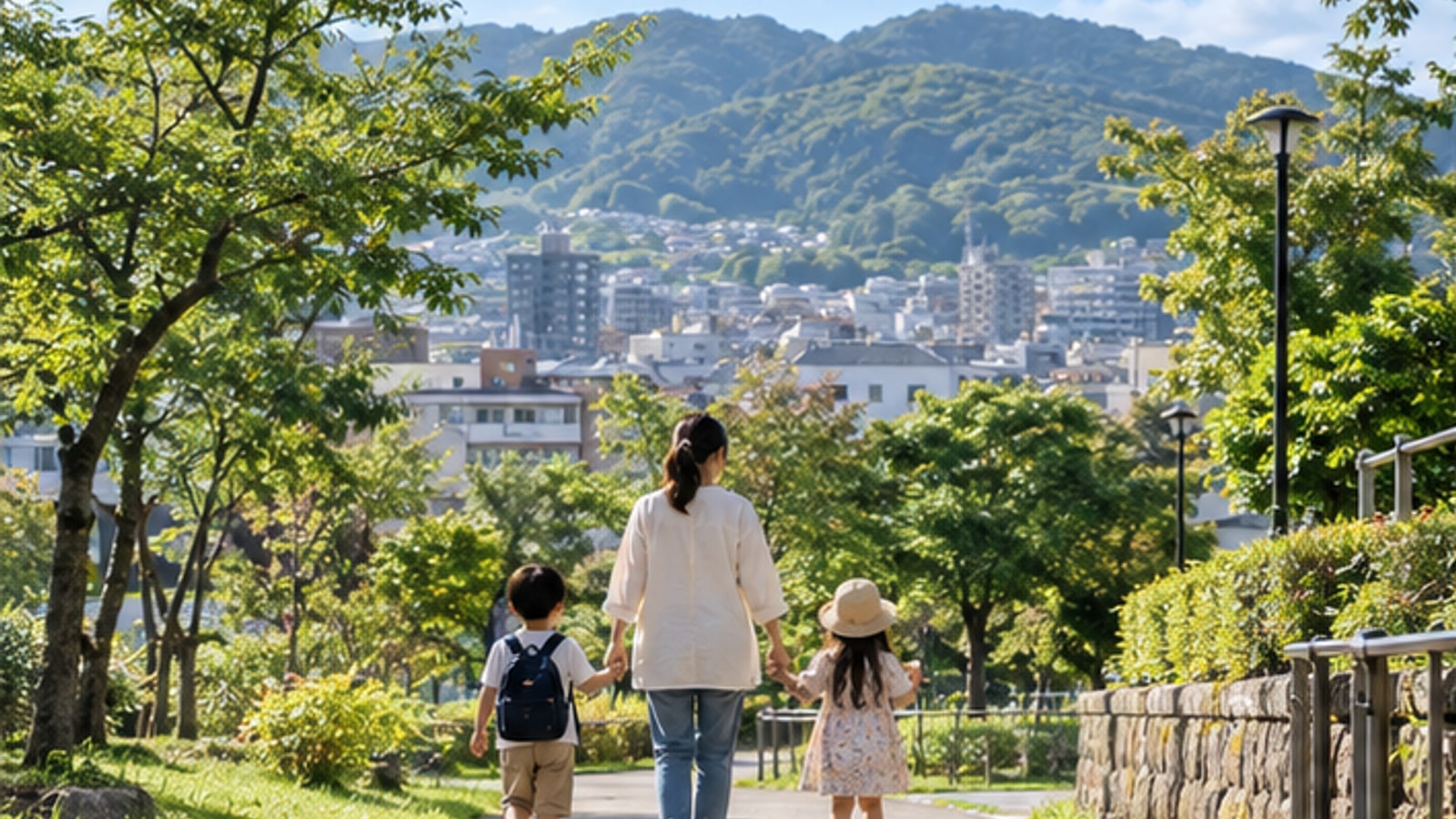 生駒山を背景にした東大阪市の緑豊かな住宅地
