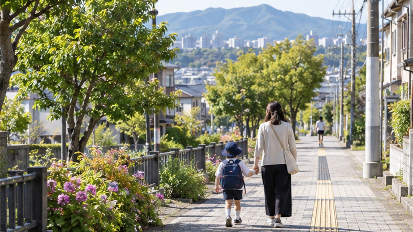 生駒山を望む東大阪市の通園路