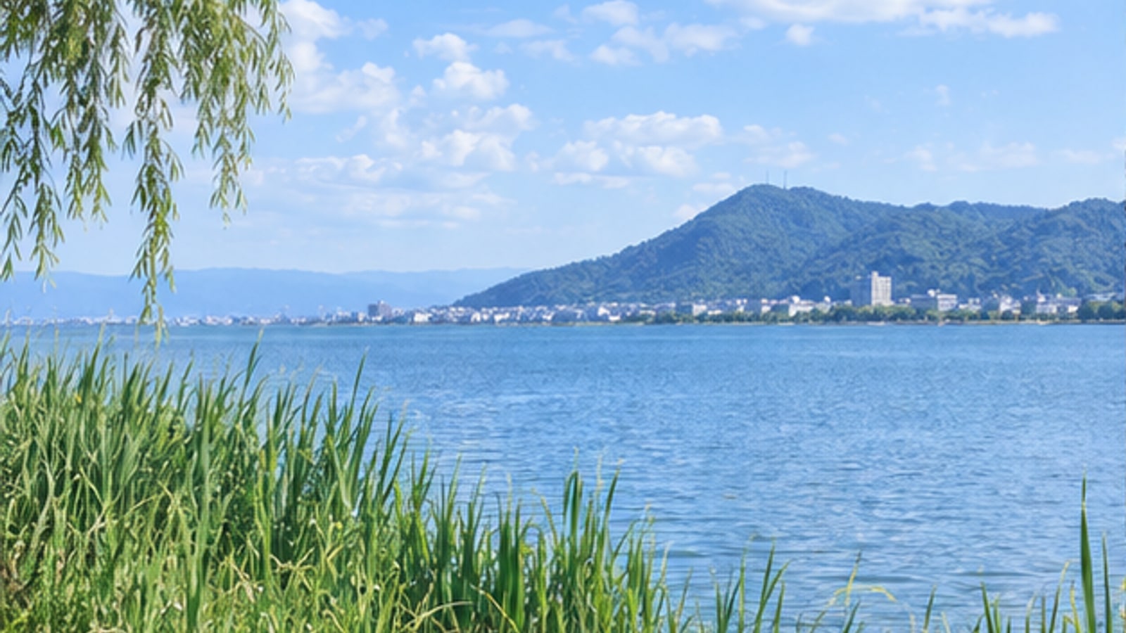 彦根市をイメージした琵琶湖岸の明るい風景
