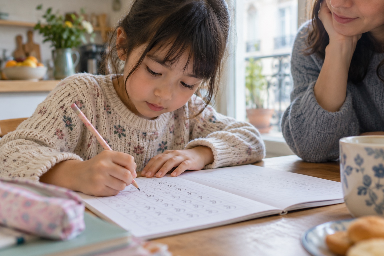 子どもがノートにひらがなを書き、日本語の読み書きを練習するイメージ