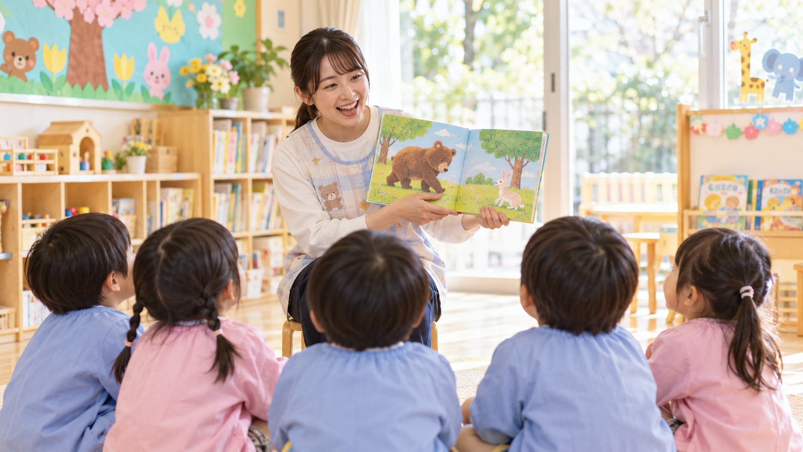 自然光が入る幼児向け保育室で絵本を読むイメージ