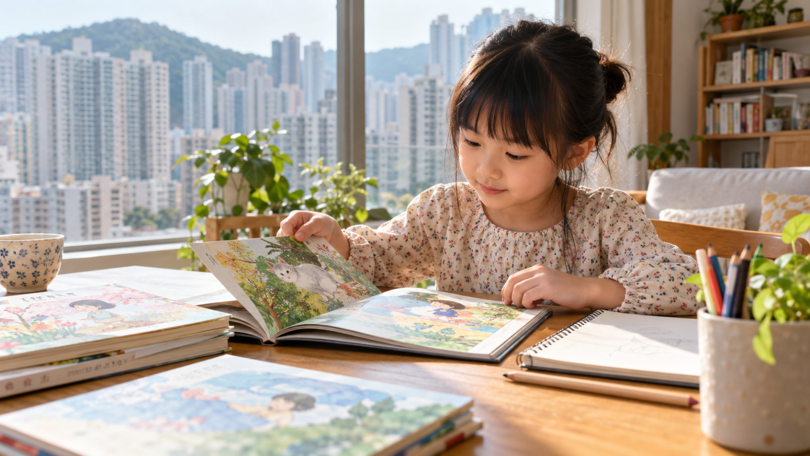 香港の家庭で子どもが日本語の絵本を読むイメージ画像