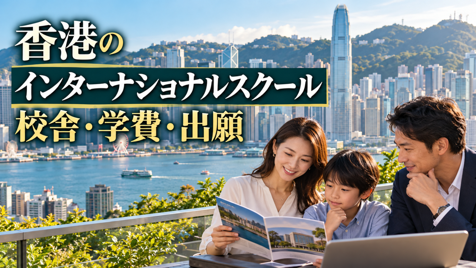香港の街並みと、インターナショナルスクールの校舎・学費・出願を検討する親子のイメージ