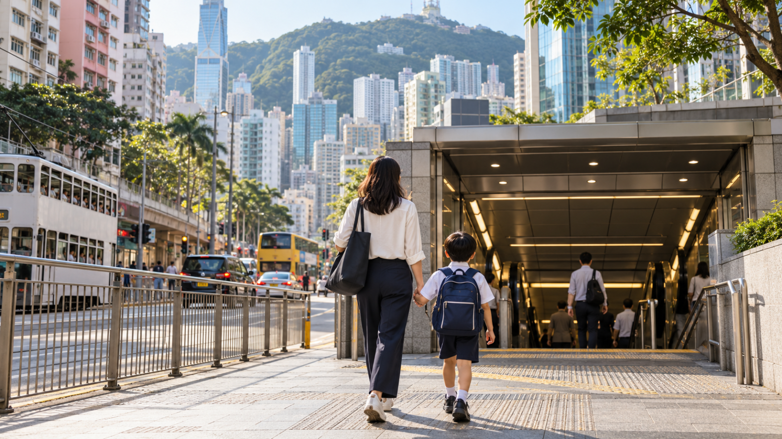 香港で公共交通を使った通学を考える親子のイメージ