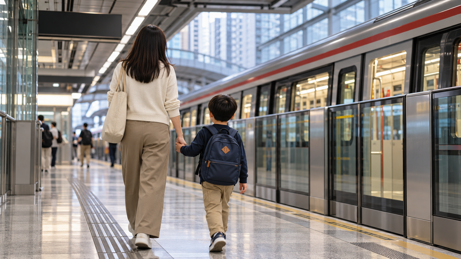 香港の公共交通で親子が週末の学習先へ向かうイメージ画像