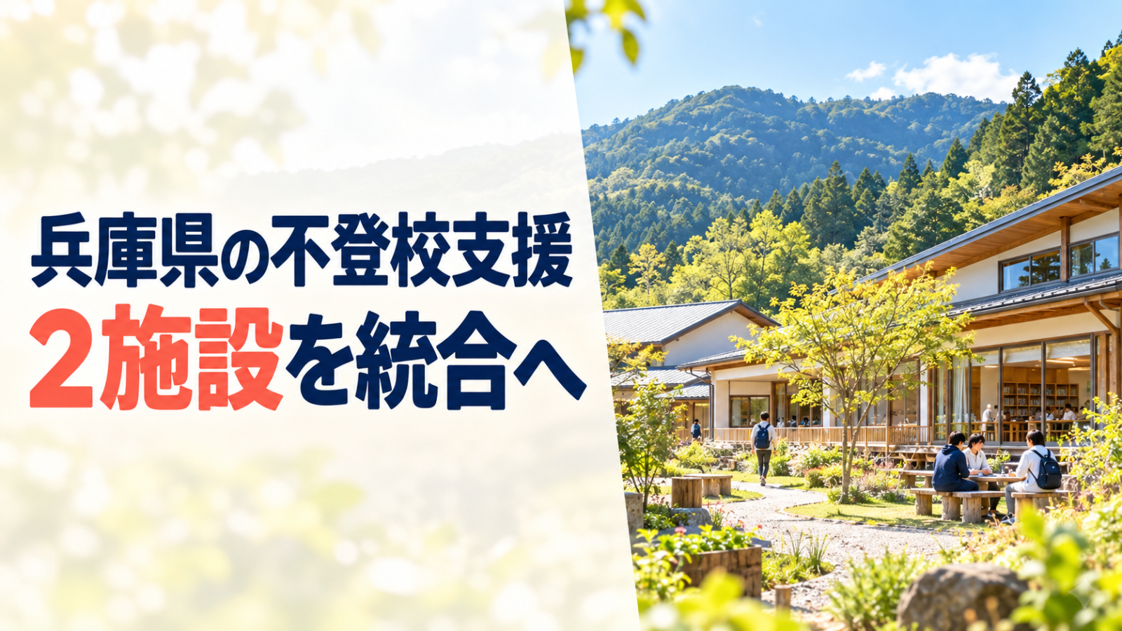 明るい森の中の学びの施設を背景に『兵庫県の不登校支援 2施設を統合へ』と記したサムネイル