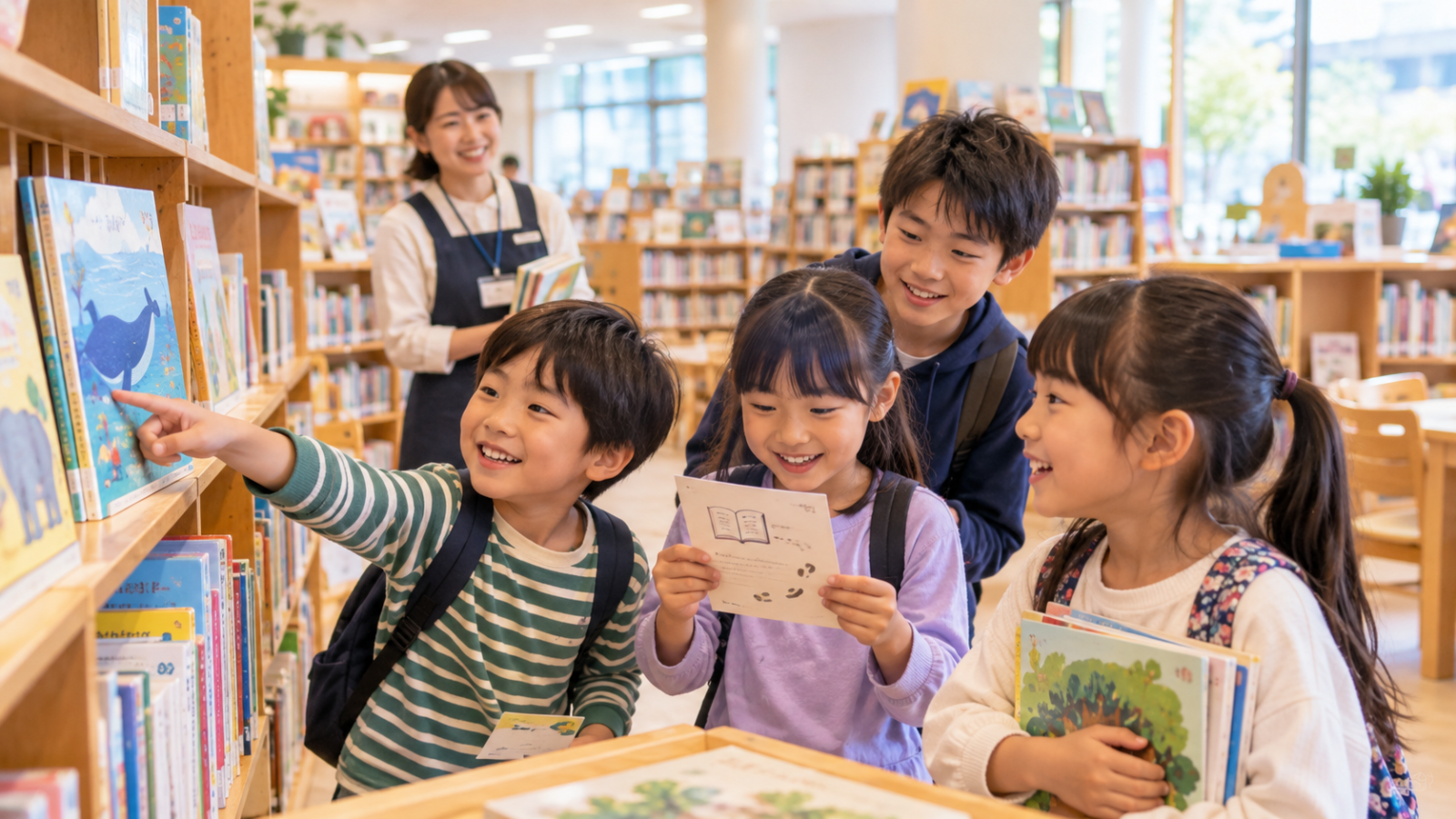 図書館で子どもたちが本や手がかりを見ているイメージ画像。日向市立図書館の実在イベント・参加者ではありません