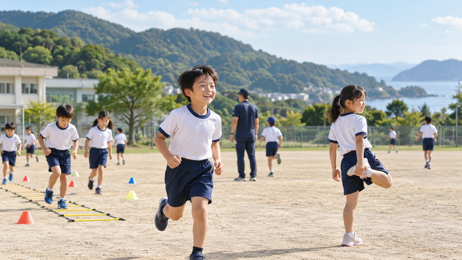 子どもたちが屋外で走る練習をするイメージ画像。日向市の実在教室・学校・参加者を撮影した写真ではありません