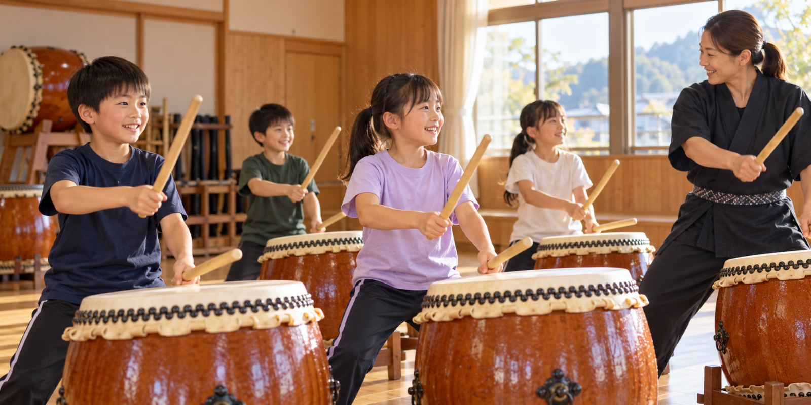 子どもたちが和太鼓を練習するイメージ画像。日向市の夢童太鼓や実在の参加者を撮影した写真ではありません