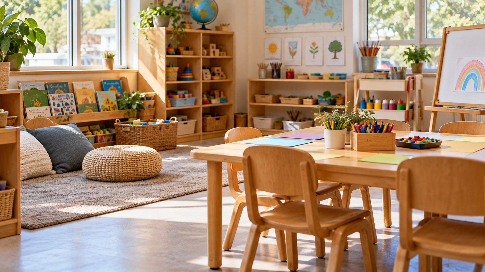 自然光が入る幼児向けの学習空間のイメージ