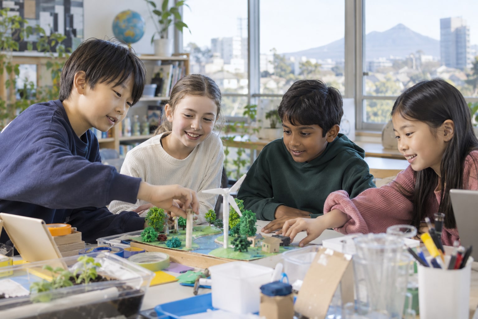 国際教育をイメージした、協働して学ぶ子どもたちの教室風景
