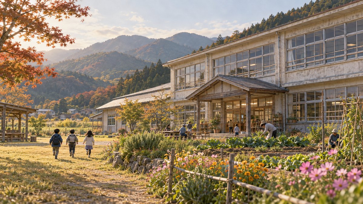 地域の学び場をイメージした旧校舎と庭のイラスト