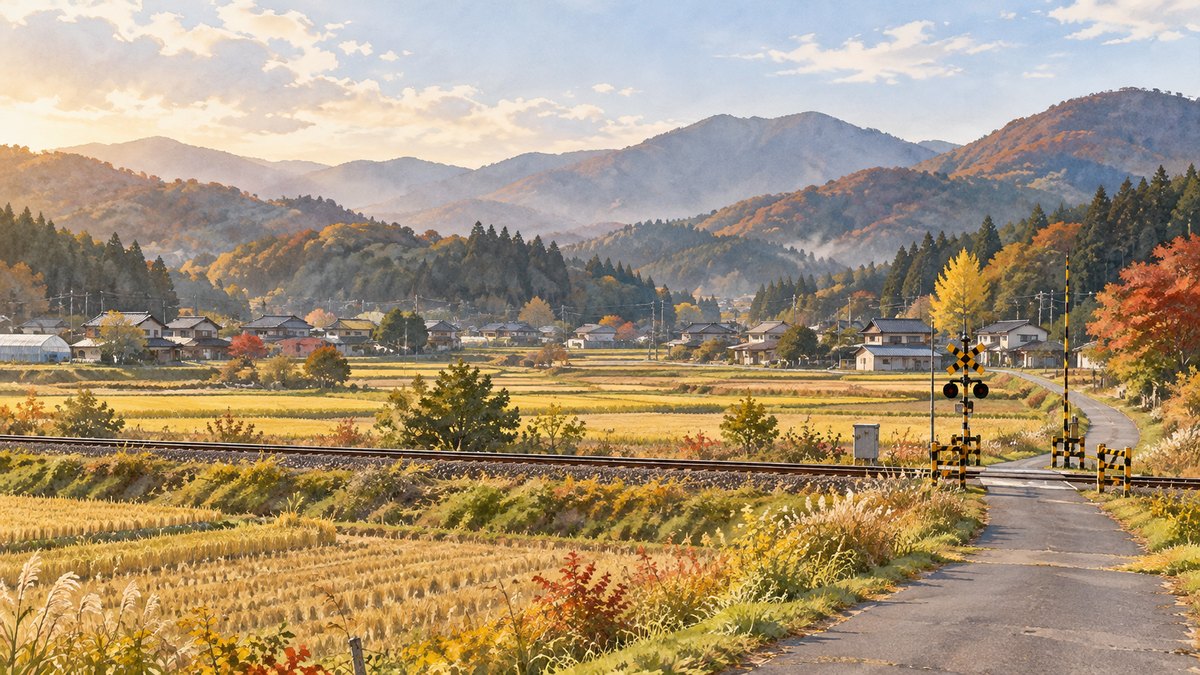 一関市周辺の田園と山並みを描いたイメージイラスト