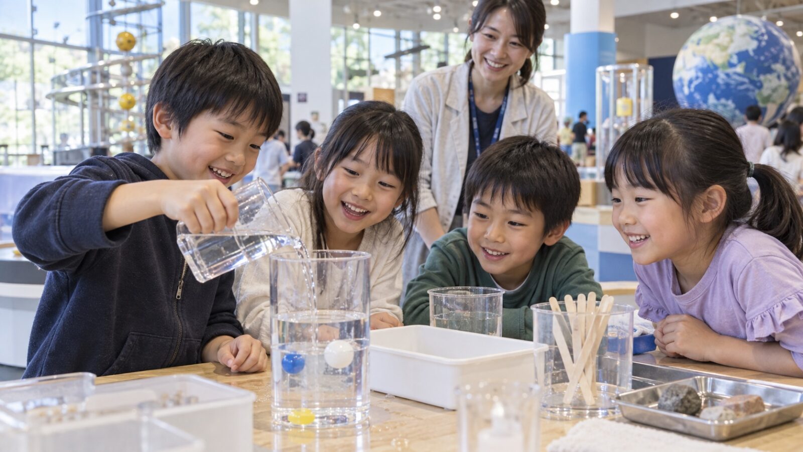 科学実験を楽しむ子どもの活動イメージ生成画像。ゆめテクノ伊賀の実際の講座写真ではありません