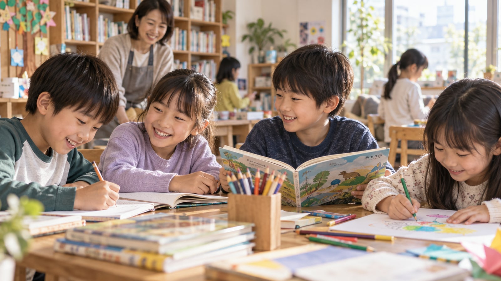 子どもと大人の活動を表したAI生成イメージ。飯田市内の実在施設・参加者の写真ではありません。