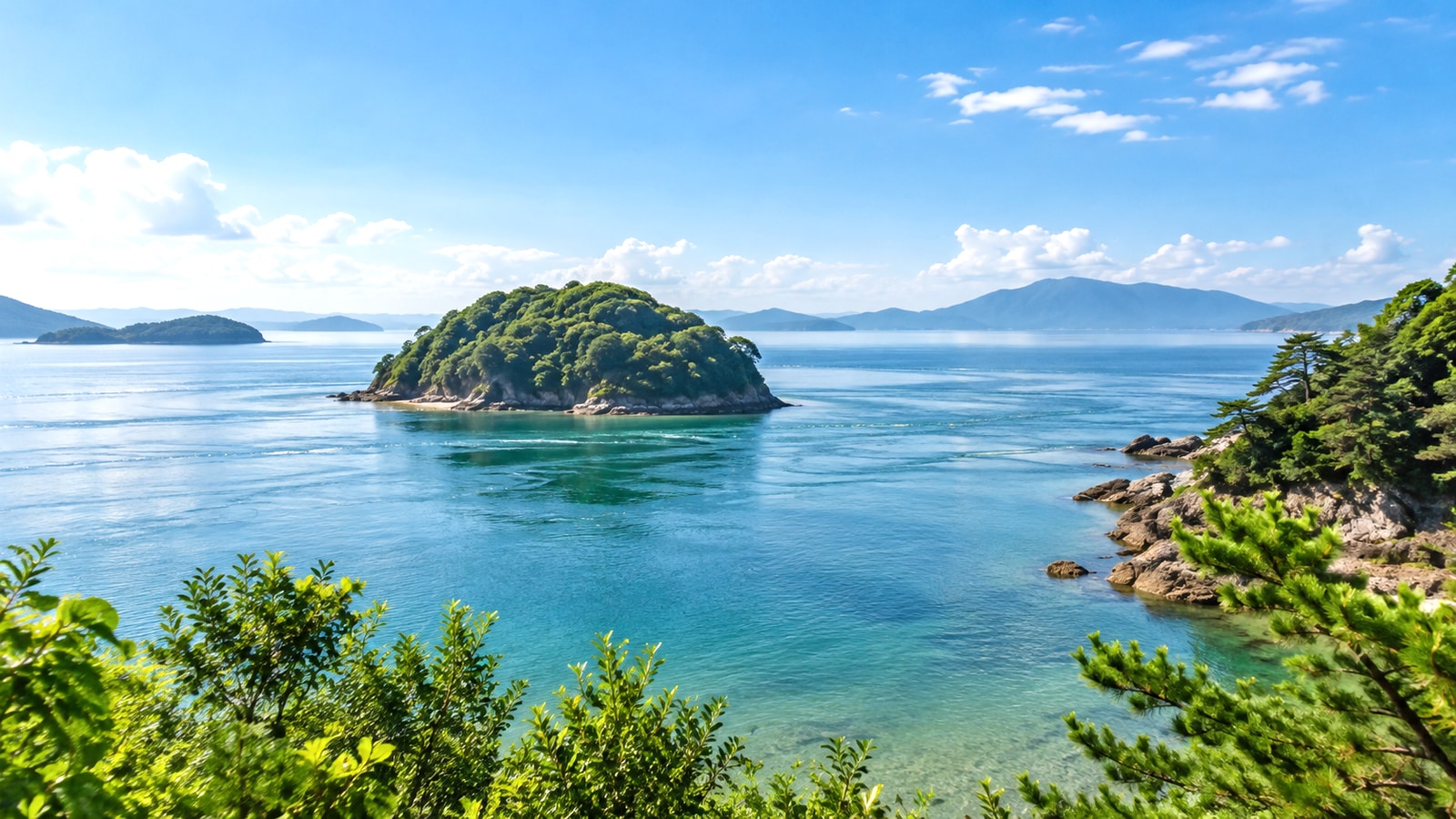 瀬戸内海の島と海岸を望む今治周辺の明るい景色