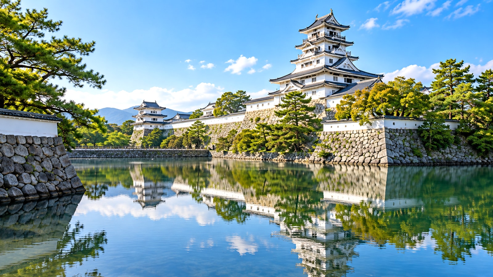 今治城と堀を望む青空の景色