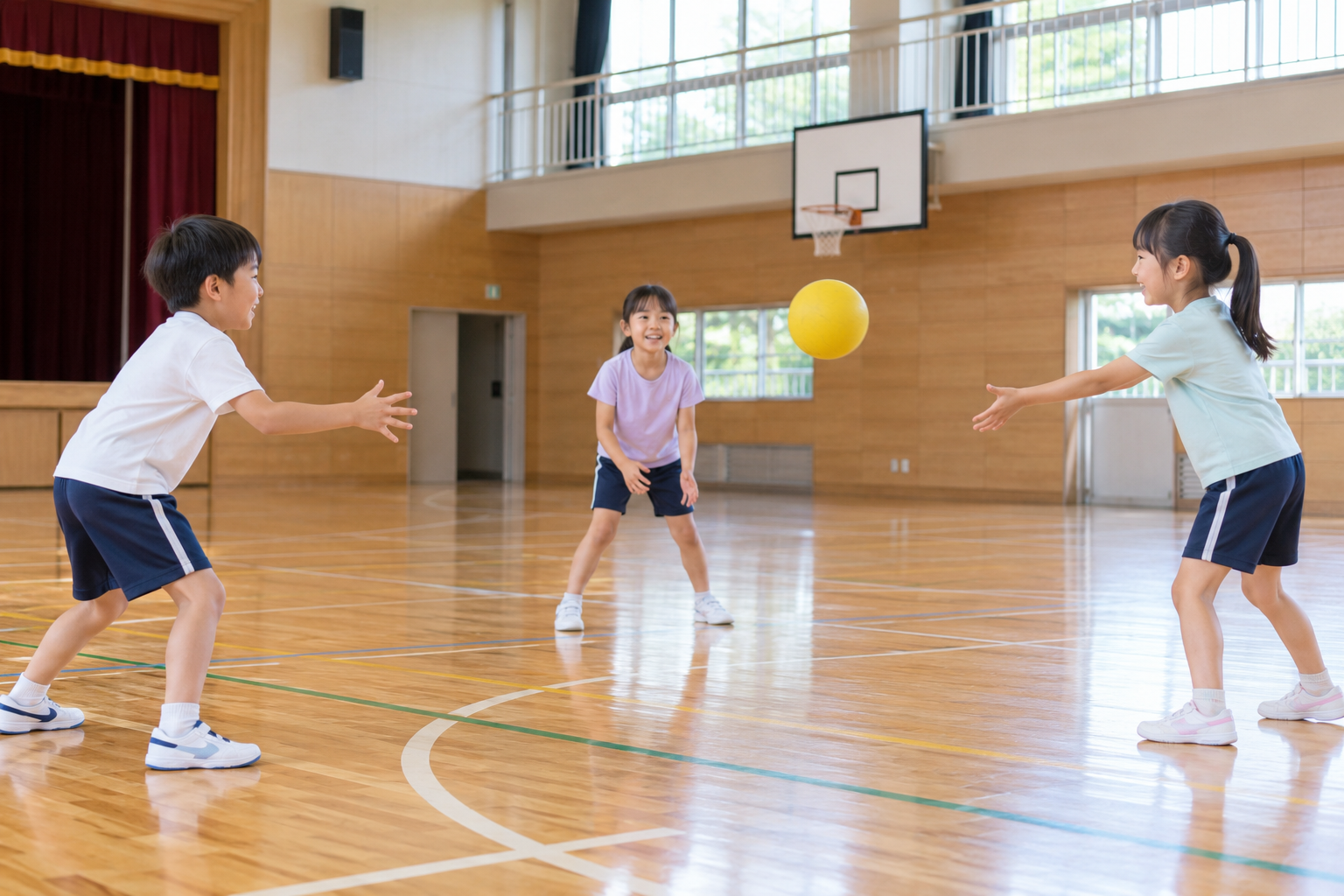 体育館でボール遊びを楽しむ笑顔の日本人の子どもたちを描いた記事用生成イメージ。伊那市のスポーツ教室や実際の参加者の写真ではありません。
