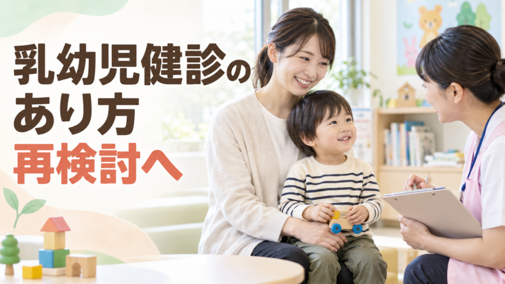 明るい健診相談の場面を背景に「乳幼児健診のあり方 再検討へ」と記したサムネイル