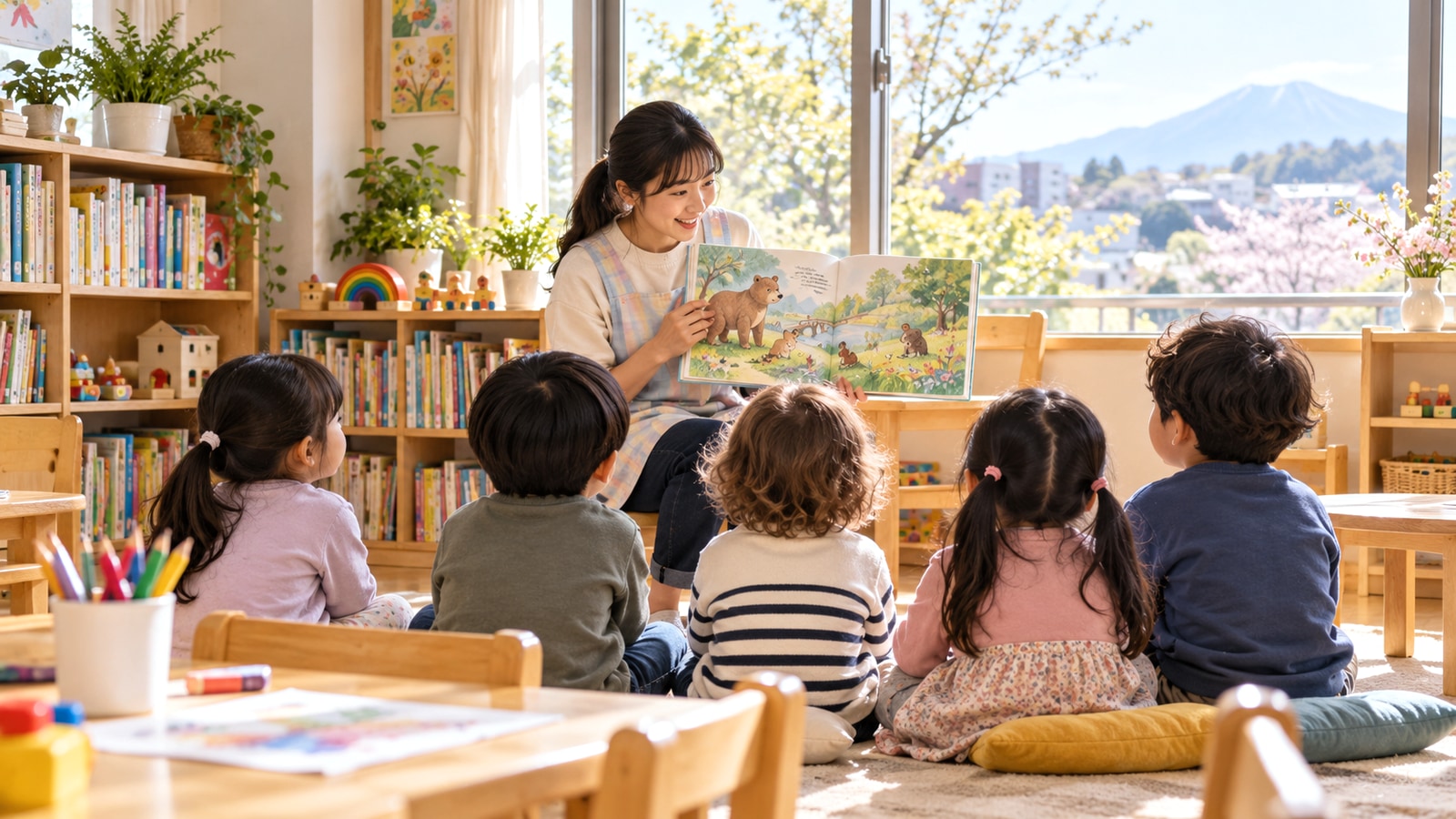 少人数で英語の絵本に親しむ子どもたちのイメージ
