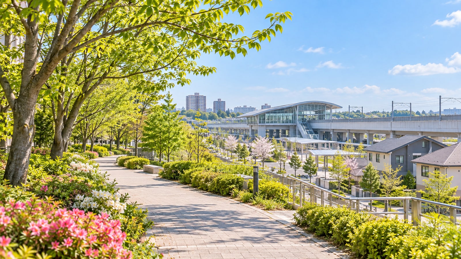 印西市の緑道と駅周辺の街並みをイメージした風景