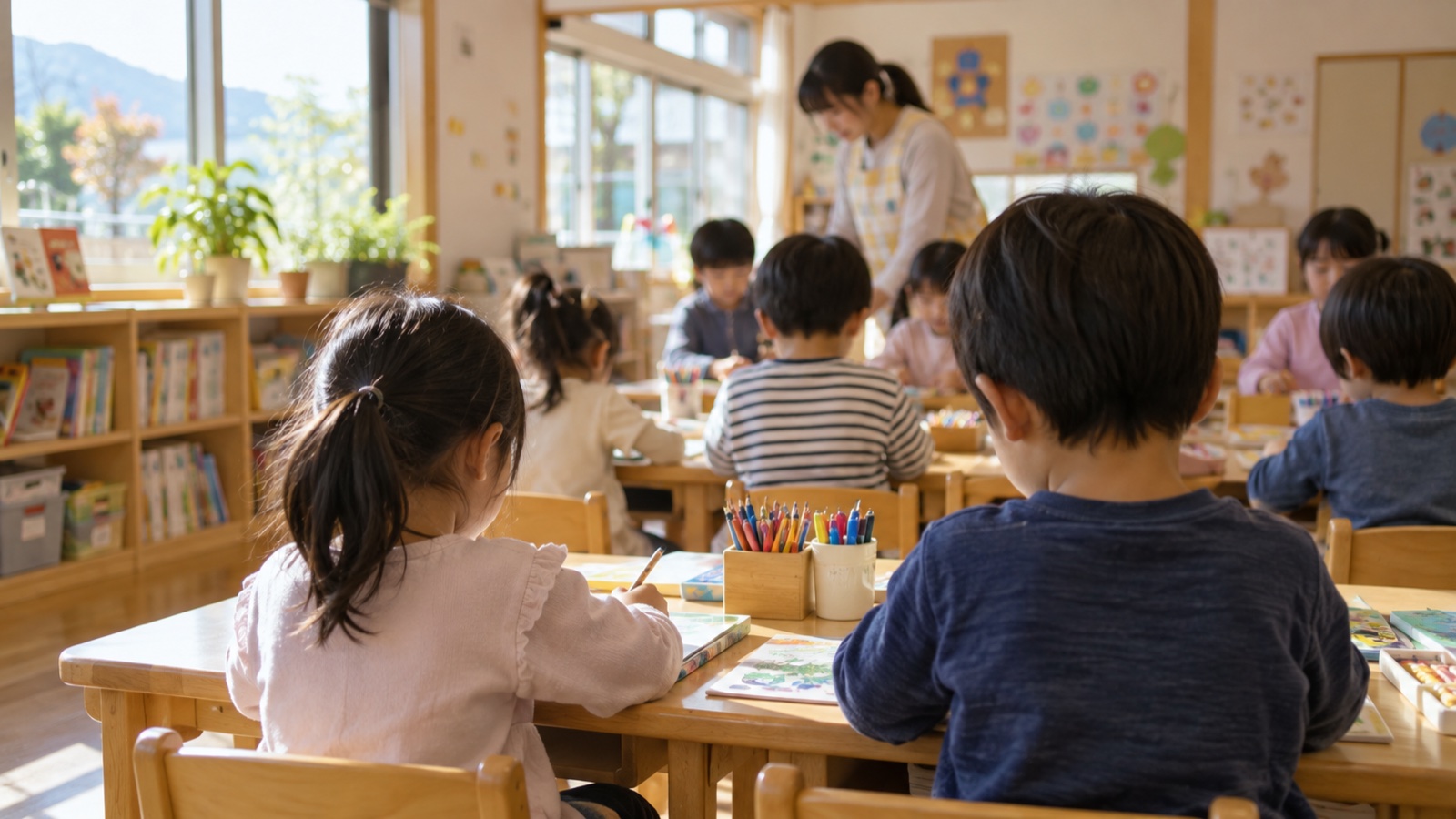 明るい教室で活動する子どもたち