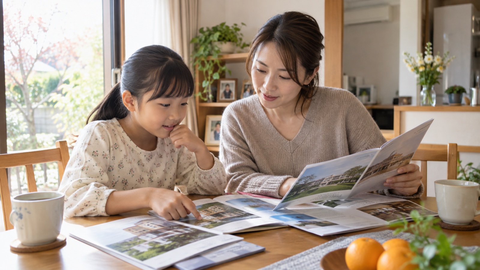 学校案内を見ながら相談する親子
