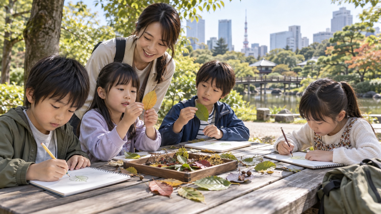 公園で自然観察をする子どもたち