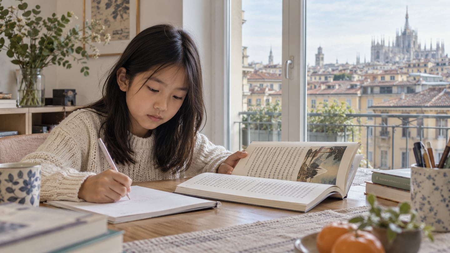 ミラノの住まいで日本語の本を読みながら学ぶ子どものイメージ