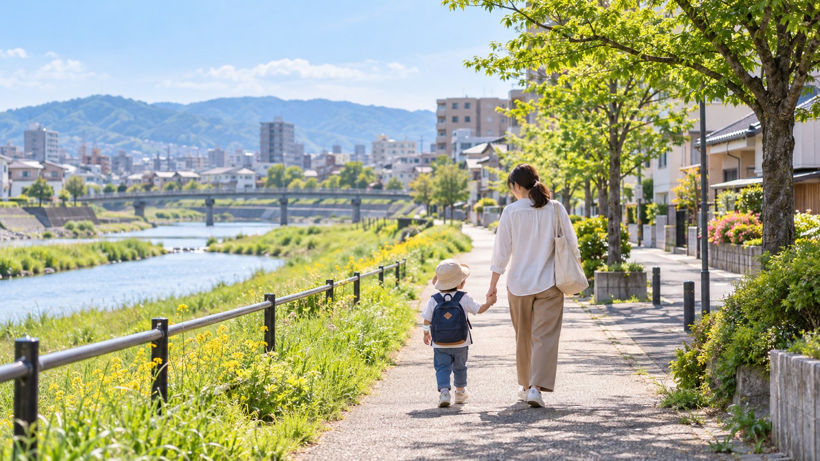 伊丹市の緑豊かな駅前と親子の通園動線をイメージした明るい風景