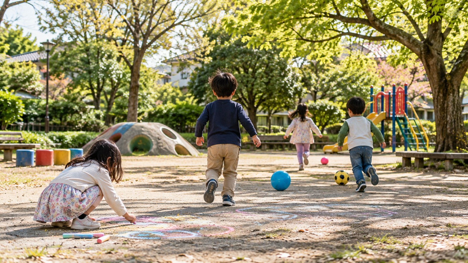 伊丹市の親子の通学・送迎風景をイメージした緑のある街並み