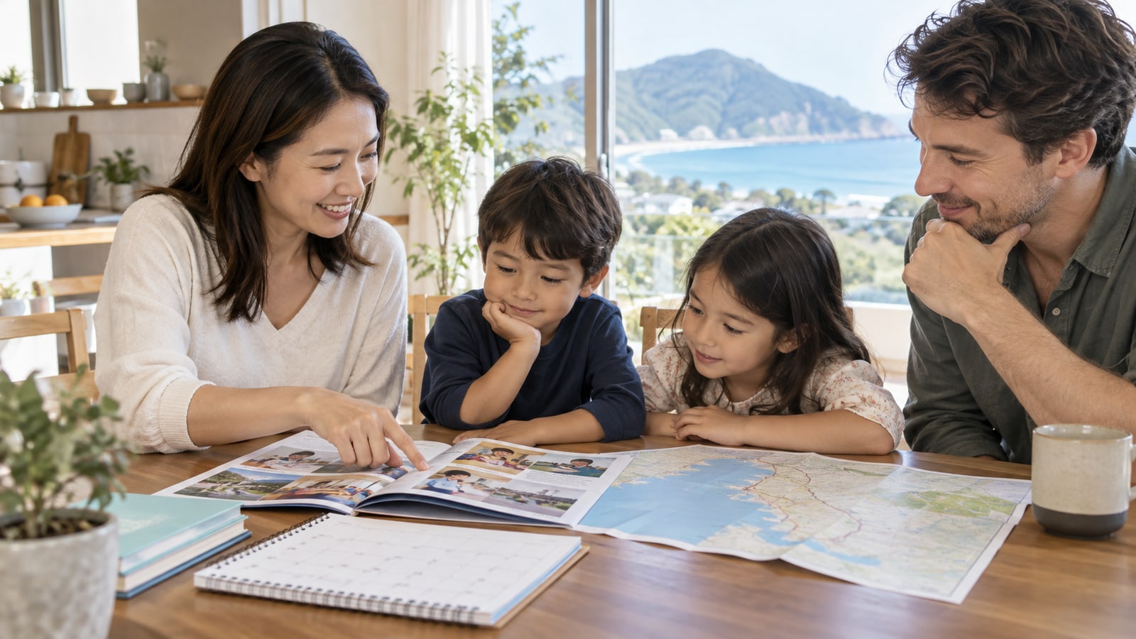 家庭で幼児教育と英語教室の案内を見比べるイメージ