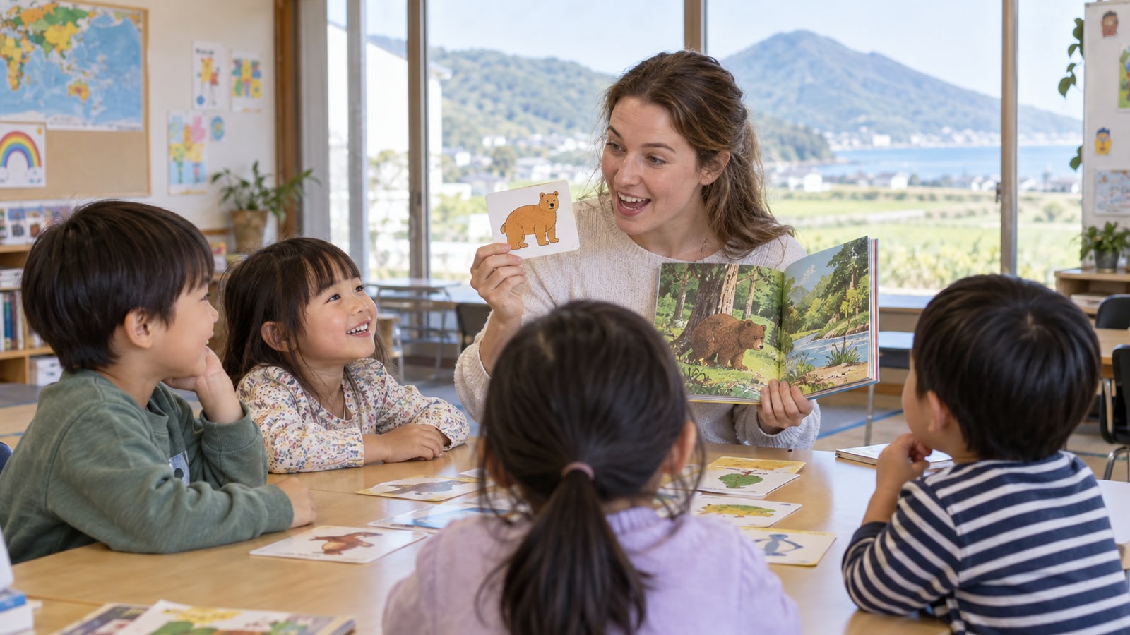 英語の絵本を使って先生と子どもたちが学ぶイメージ