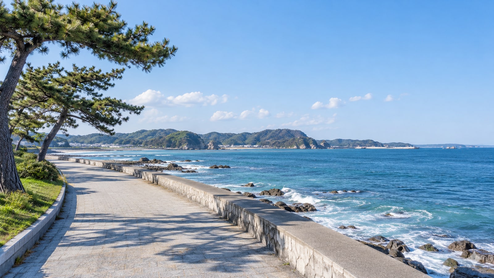 いわき市の海辺と青空を望む遊歩道の景色