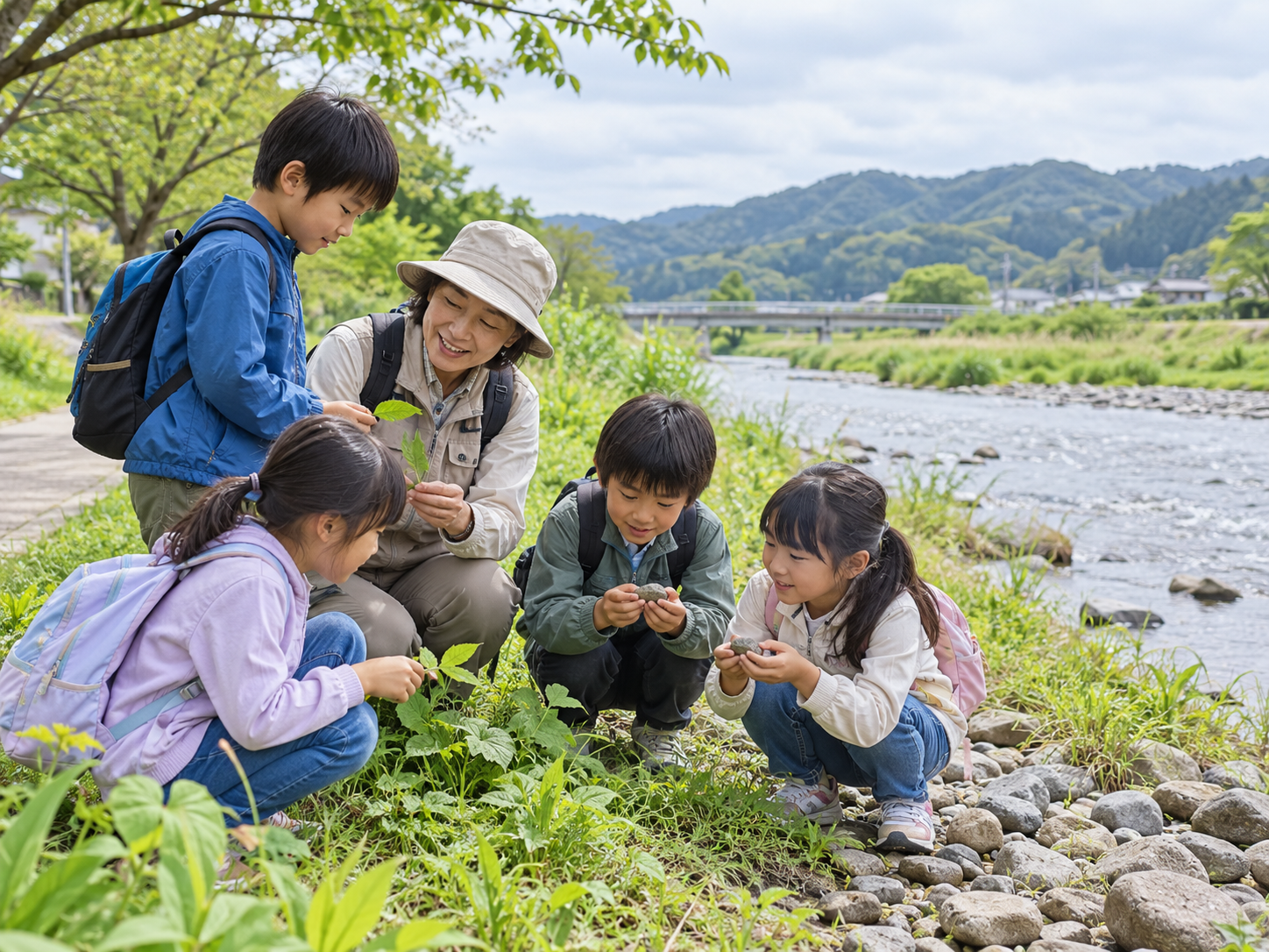 地域の自然を観察する子どもたちと大人を表現した生成画像