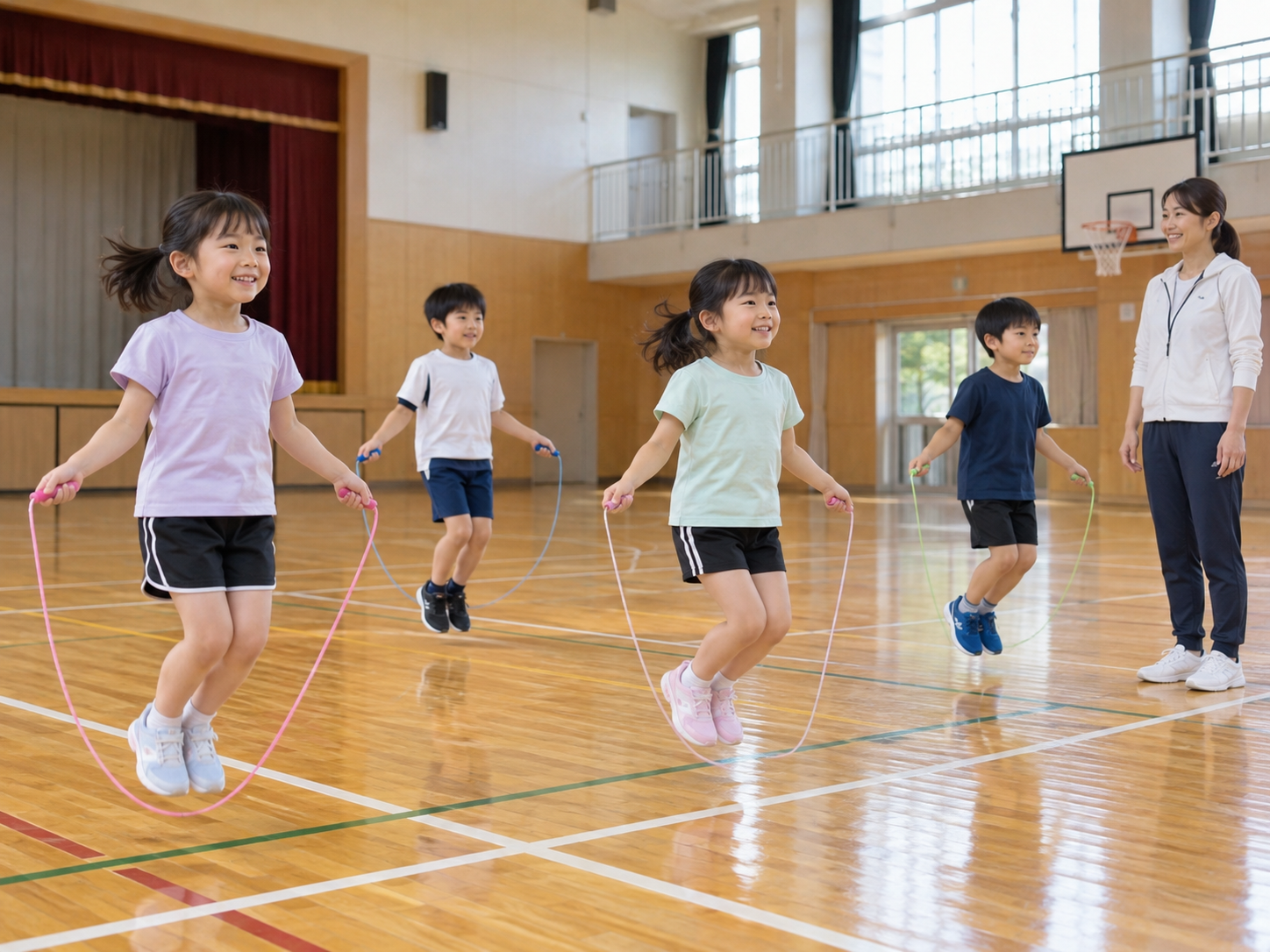 体育館でなわとびに取り組む笑顔の日本人の小学生たちを表現した生成画像