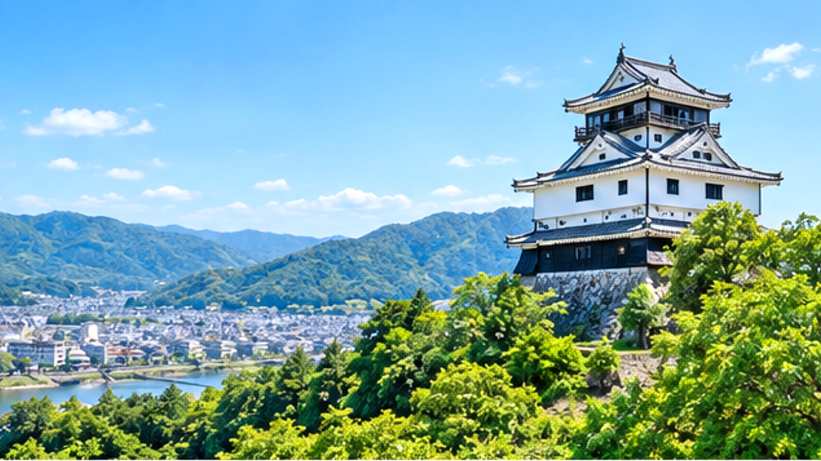 岩国城と緑の山並みを描いた明るい景色