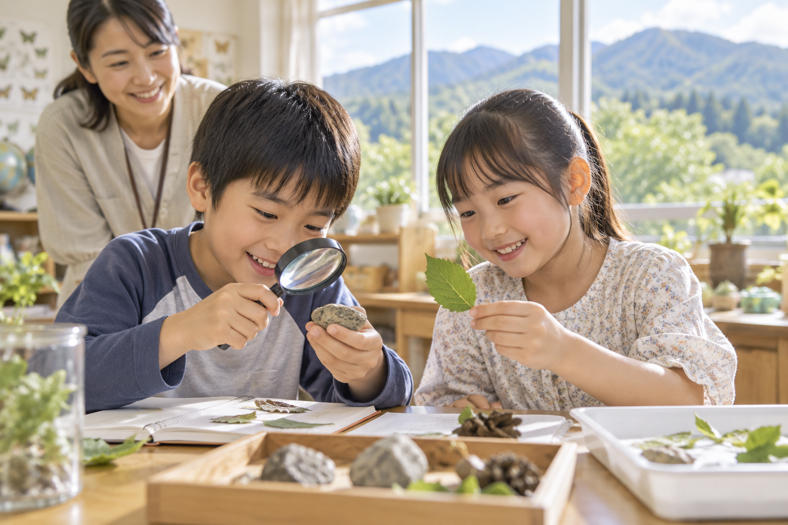 自然に関心を向ける子どもたちの活動イメージ。磐田市内の公園や観察会を撮影した実写真ではありません