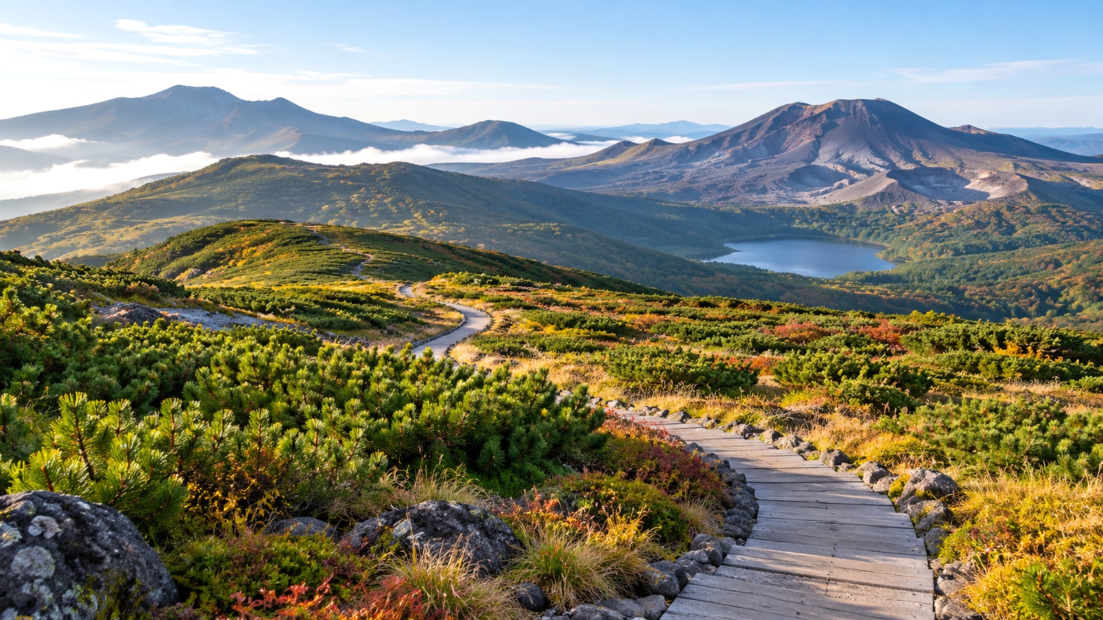 岩手県の高原を通る明るい山道をイメージした風景