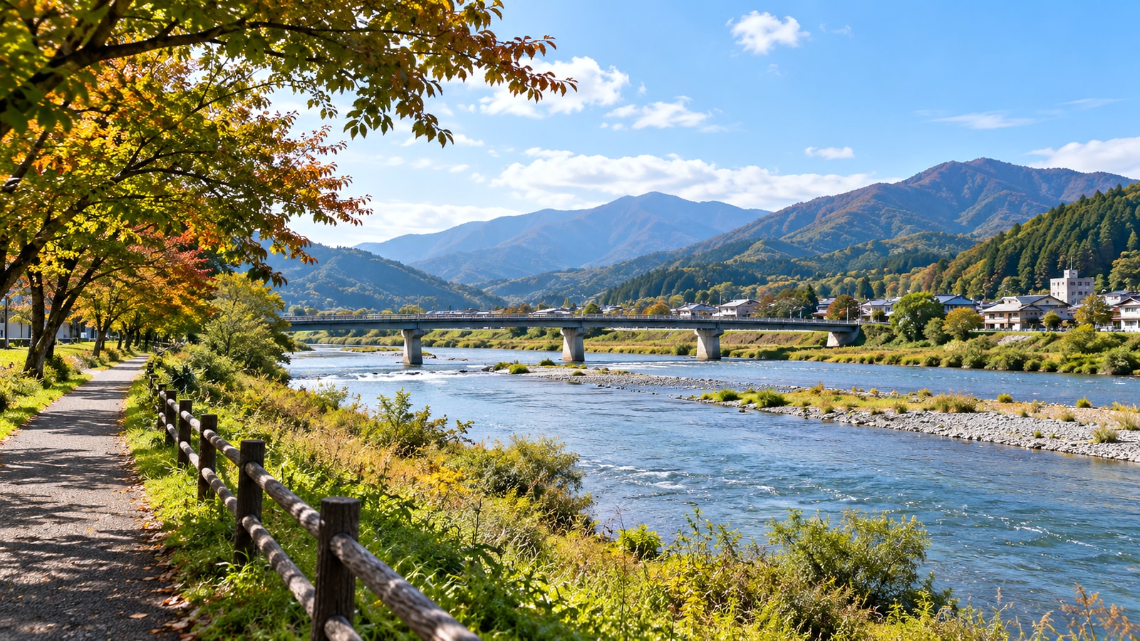 岩手県の川沿いの町と山並みをイメージした明るい風景