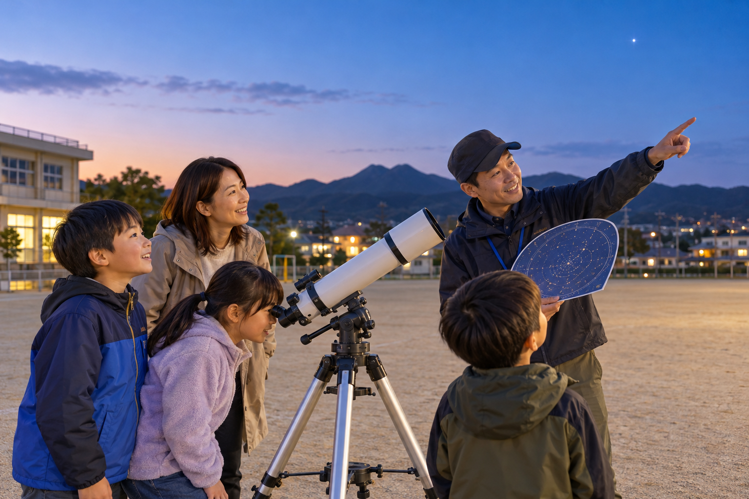 夜空を見上げる笑顔の日本人の子どもたちを表現した生成イメージ。出雲市の観望会を撮影したものではありません。