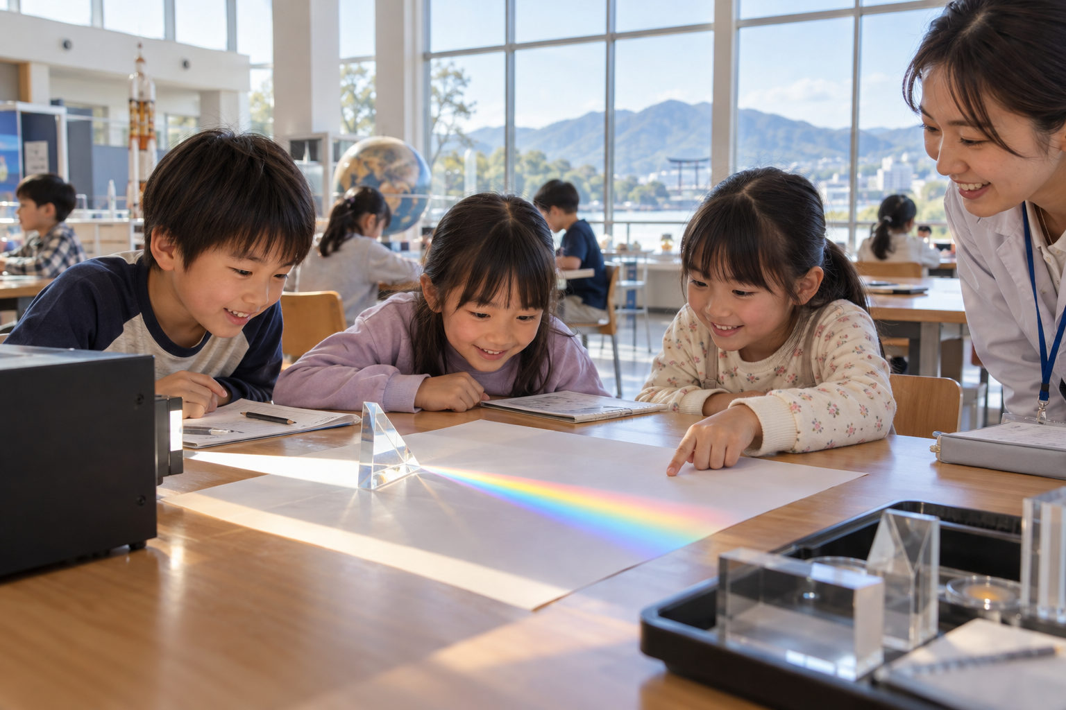 科学工作を楽しむ笑顔の日本人の子どもたちを表現した生成イメージ。実際の出雲科学館や参加者の写真ではありません。
