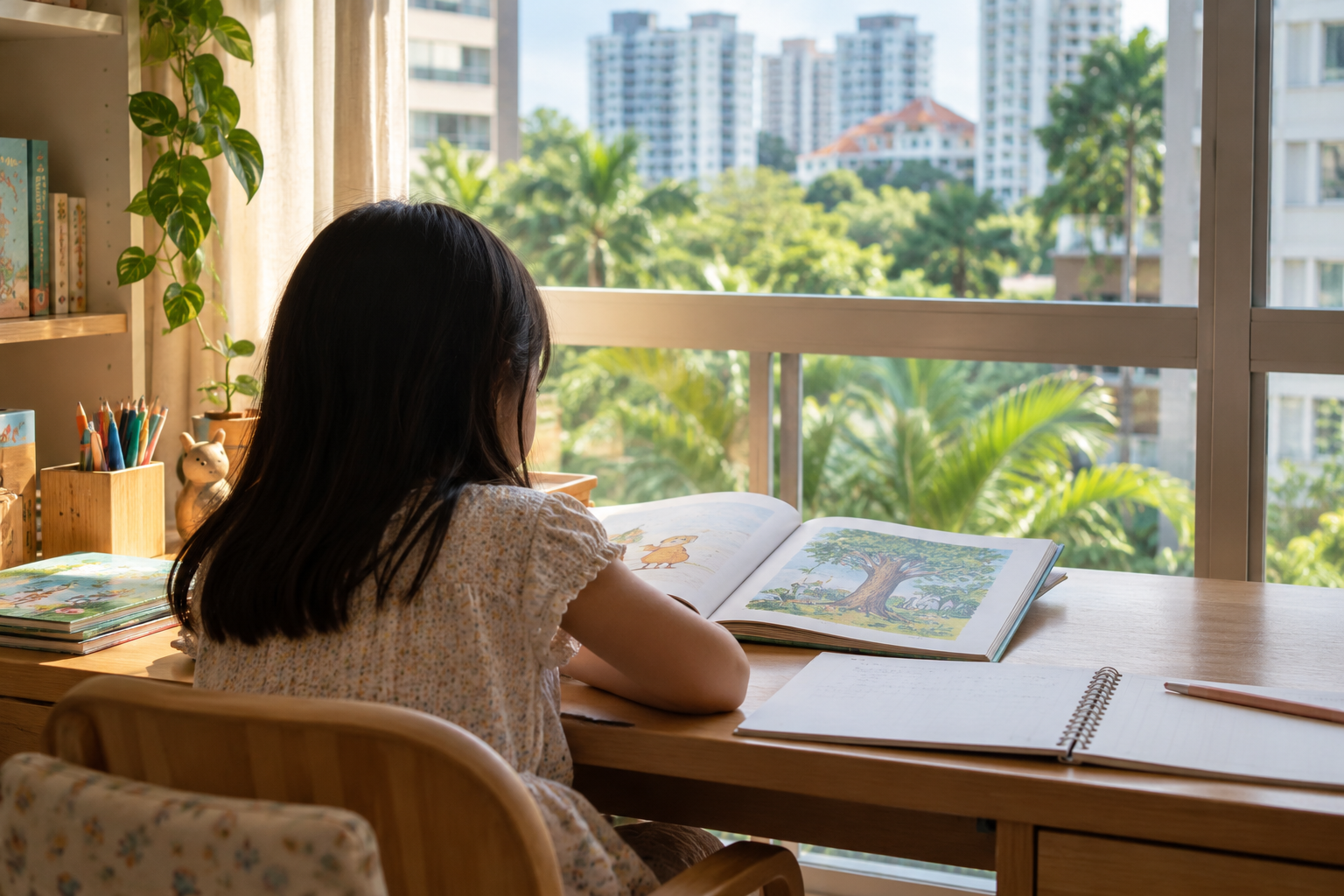海外の家庭で子どもが日本語の絵本を読むイメージ画像