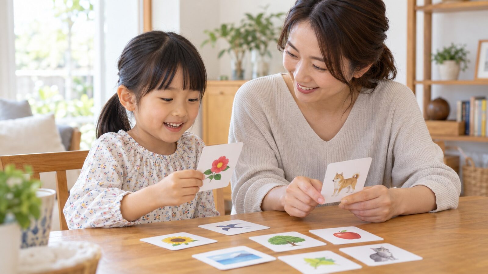 家庭で保護者と子どもが日本語の語彙カードを使って学ぶイメージ