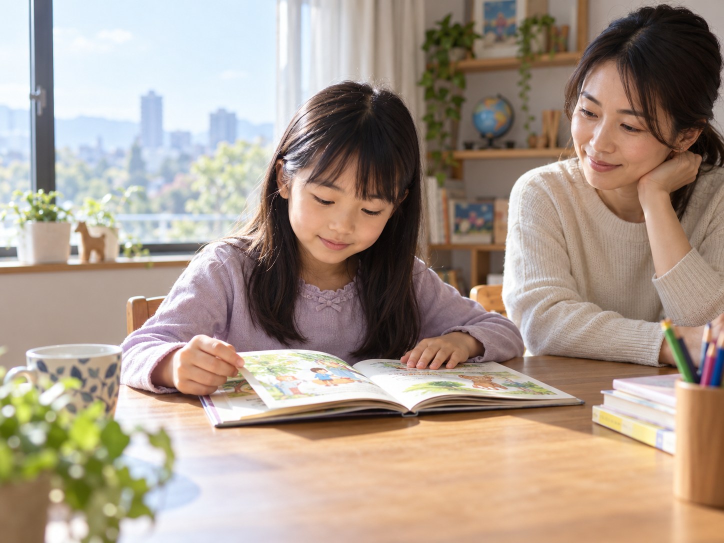 子どもが家庭で日本語の本を読むイメージ