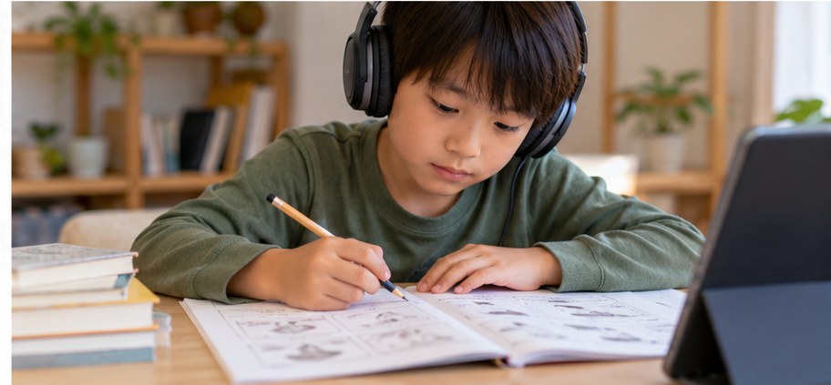 子どもがヘッドホンで日本語音声を聞きながら学習するイメージ